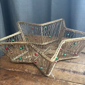 Beautiful Vintage Antique Gold Star-shaped Red, Green Glitter Accent Basket Set